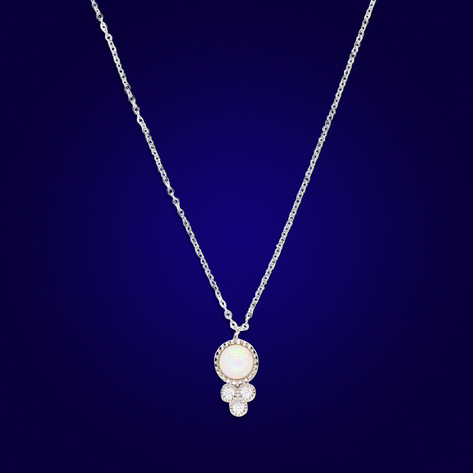 DARA - 18K White Gold Plated Drop Bazel Flower White Opal Necklace