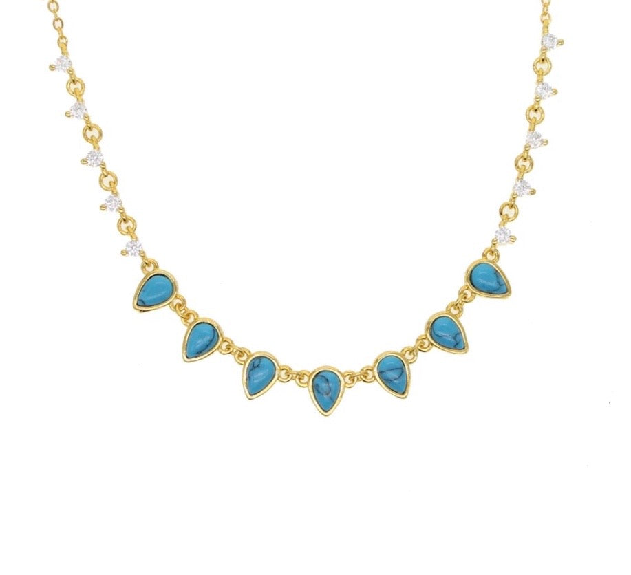 CLASSY SASSY - 18K Gold Plated Turquoise & Diamond Beaded Bazel Necklace