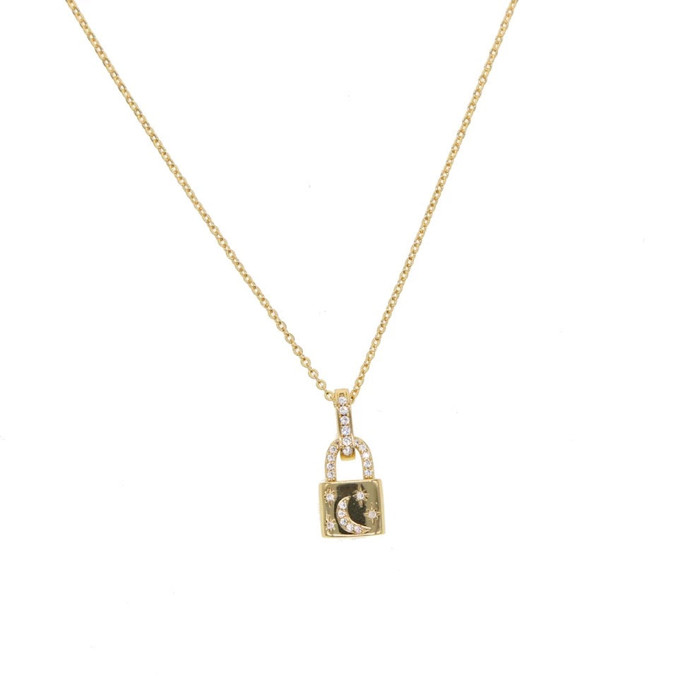 MOON LOCK - 18K Gold Plated Diamond Moon Lock Necklace