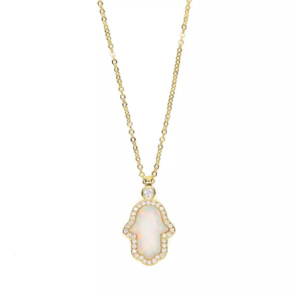 HAND IN GOLD - 18K Gold Plated Fire Opal Diamond Hamsa Hand Necklace