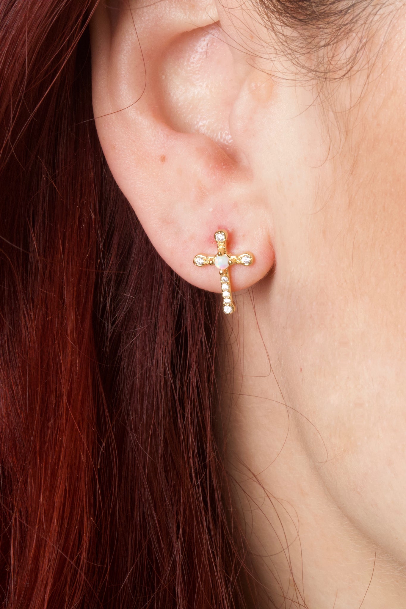 AMEN - 18K Gold Plated Fire Opal Cross Stud Earrings